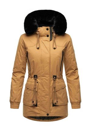 Tan parka jacket with a black faux fur collar, zippered side pockets, adjustable waist drawstring, and elastic cuffs.