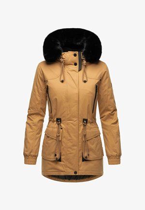 Tan parka jakke med en sort fuskepelskrave, lynlåslommer i siderne, justerbar taljesnor og elastiske manchetter.