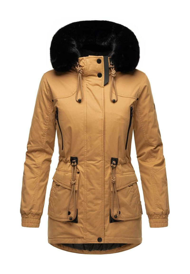 Tan parka jacket with a black faux fur collar, zippered side pockets, adjustable waist drawstring, and elastic cuffs.