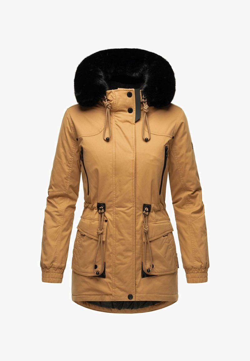 Tan parka jacket with a black faux fur collar, zippered side pockets, adjustable waist drawstring, and elastic cuffs.