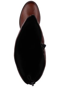 Bottine en cuir marron avec une pointe arrondie, texture lisse et intérieur noir. Présente une fermeture éclair sur le côté et un détail de couture contrastant.