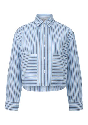 Gaiši zils krekls ar garām piedurknēm un baltām, tumši zilām un bēšām vertikālām svītrām, ar horizontāli svītrām priekšējām kabatām un klasisku apkakli.