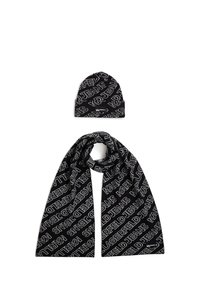 Black knit scarf and beanie set featuring repeating white text pattern. Soft texture, structured shape, with logos displayed prominently.