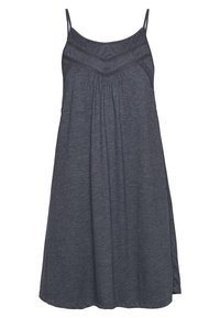 Tmavě šedé bezramínkové šaty s plizovaným designem, úzkými ramínky a křížovým švem na korzetu. Měkká, lehká textura látky.