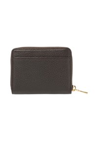 Portafoglio in pelle marrone con superficie texturizzata, chiusura con zip e rifiniture in tonalità dorata. Presenta slot per carte sul davanti.