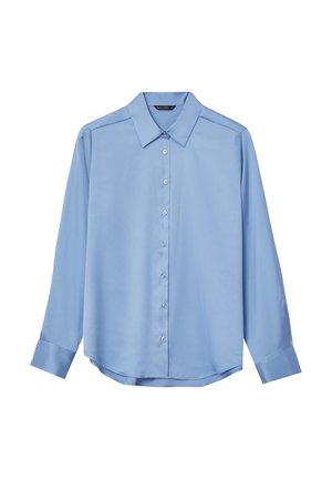 Camicia button-up azzurra chiara a maniche lunghe in tessuto morbido, con colletto a punta, bottoni frontali e polsini con orlo leggermente arrotondato.
