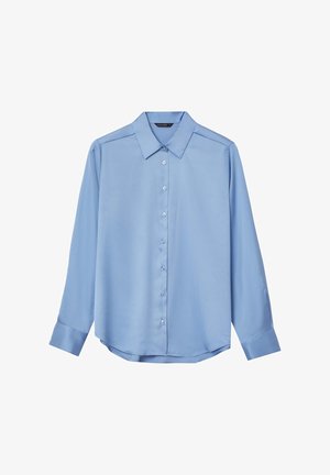 Chemise à manches longues bleu clair, en tissu lisse, dotée d'un col pointu, de boutons sur le devant et de poignets avec un ourlet légèrement arrondi.