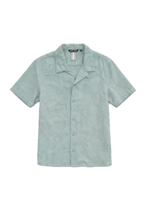 Camicia verde chiaro a maniche corte con bottoni, ricamo floreale sottile e colletto camp, marca Antony Morato, taglia 10.