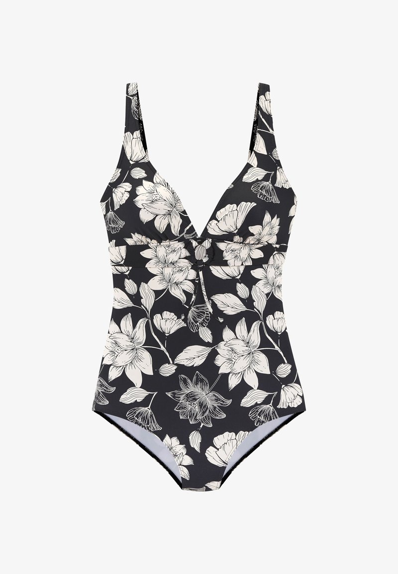 Eéndelige zwempak met een diepe V-hals, zwarte stof met witte bloemenprints, verstelbare schouderbanden en een ingezette taille.