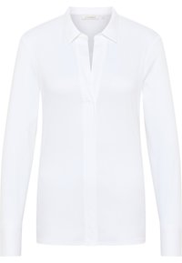 Weiße Bluse mit langen Ärmeln, schmalem Kragen, Knopfleiste und geradem Saum. Der Stoff wirkt glatt und leicht, ohne Muster oder Akzente.