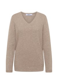 Maglione beige a maniche lunghe con scollo a V e un motivo a coste testurizzato. Presenta un'etichetta con la scritta "CECIL" all'interno del collo. Tessuto morbido e leggero.