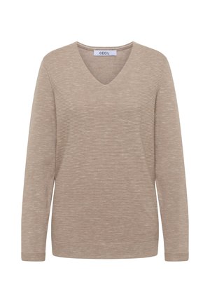 Beige langharige V-hals trui met een gestructureerd ribbelpatroon. Voorzien van een label met "CECIL" aan de binnenkant van de hals. Zachte, lichtgewicht stof.