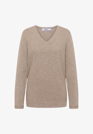 Beżowy sweter z długim rękawem w serek z teksturowanym prążkowanym wzorem. Wewnątrz dekoltu znajduje się metka z napisem "CECIL". Miękka, lekka tkanina.