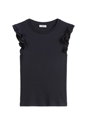 Navy ribbed tank top featuring ruffled cap sleeves and a fitted silhouette. Fabric has a smooth texture and subtle stretch.
