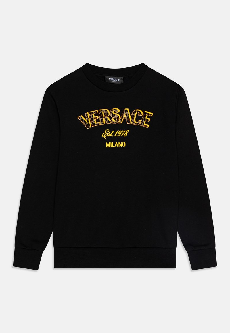 Sweat-shirt noir avec encolure ronde. Présente un texte jaune à imprimé léopard "VERSACE Est. 1978" en design courbé. Manches et ourlet à poignets.