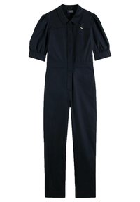 Zwarte jumpsuit met korte, opgeblazen mouwen, kraaghals, rits aan de voorkant en een klein geborduurd logo op de borst.