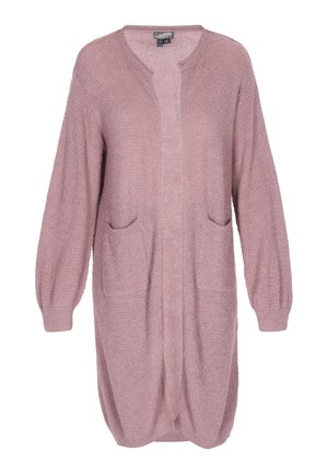 Világos rózsaszín kötött kardigán hosszú ujjakkal, nyitott elülső résszel és két elülső zsebbel. Texturált mintázattal és leengedett vállú kialakítással rendelkezik.
