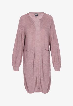 Cardigan lavorato a maglia di un delicato rosa con maniche lunghe, apertura frontale e due tasche anteriori. Presenta un motivo strutturato e un design con spalle scese.