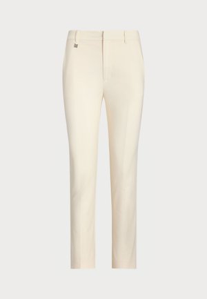 Crèmekleurige, op maat gemaakte broek met een recht model, voorzien van een soepele textuur, zijzakken en een subtiele metalen accent op de tailleband.