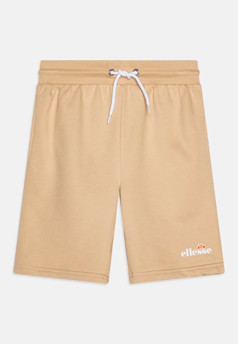 Μπεζ σορτς φτιαγμένα από μαλακό ύφασμα, με ελαστική μέση και κορδόνι, πλαϊνές τσέπες και ένα μικρό λογότυπο στο κάτω μέρος του ποδιού.