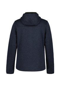 Marineblå huva jacka med texturerad tyg, som har en rak snitt och långa ärmar, designad med en sömlös baksida för ett rent utseende.