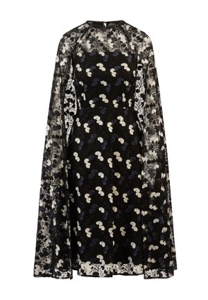 Black lace dress with floral pattern in white and navy, featuring long sheer sleeves and a round neckline. Detailed with embroidery accents.