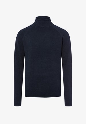 Granatowy sweter z golfem, wykonany z tkanej tkaniny o fakturze. Posiada długie rękawy oraz dopasowaną sylwetkę z wyższym kołnierzem.