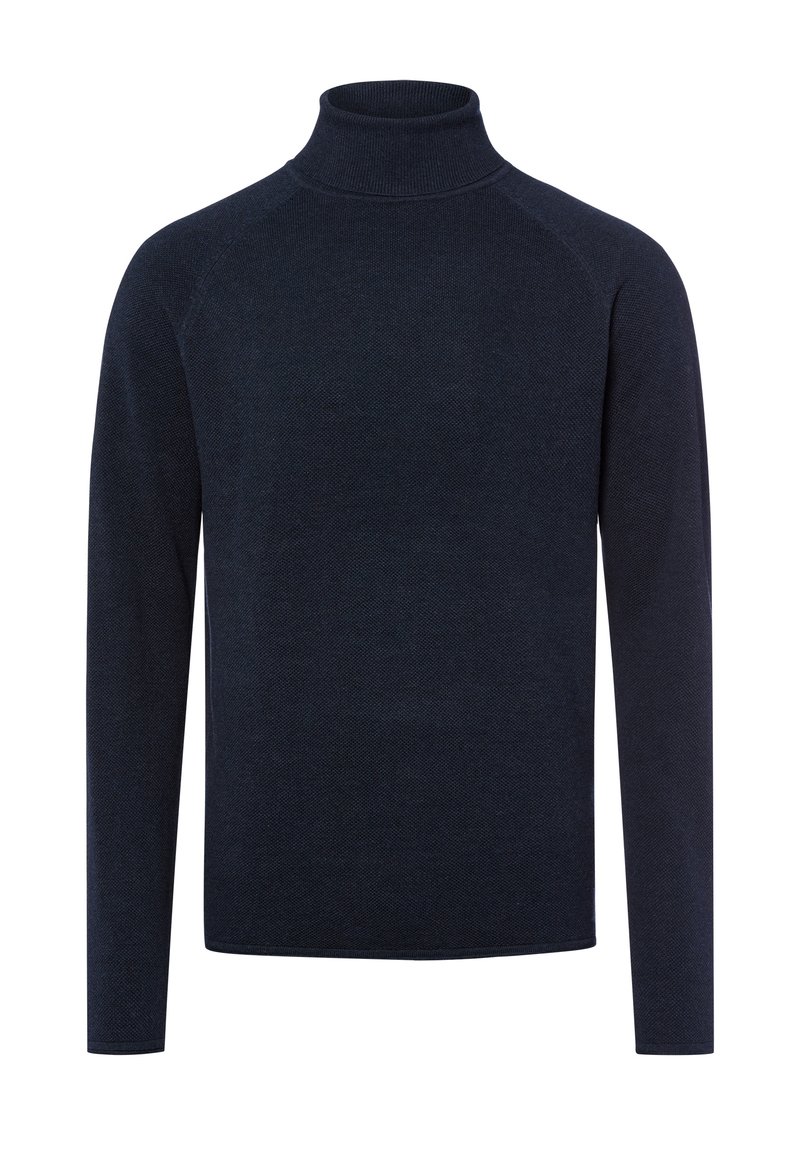 Marine turtleneck trui gemaakt van textuur gebreide stof. Heeft lange mouwen en een aangesloten silhouet met een hoge nekontwerp.