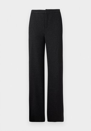 Black pinstriped trousers with a straight cut, featuring a smooth texture and a waistband, suitable for formal or business attire.