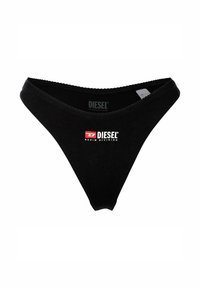 Zwarte katoenen stringondergoed met een gebogen tailleband en een klein wit en rood Diesel-logo aan de voorkant. Gladde textuur.