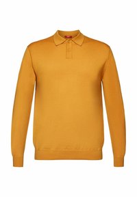 Gelbes Langarm-Polohemd aus weichem Strickstoff, mit Kragen, Zwei-Knopf-Leiste und gerippten Bündchen. Glatte Textur und einfarbig.