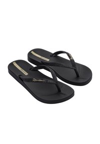Black flip-flops with textured soles, featuring shiny black straps and a metallic gold logo accent. Durable design suitable for casual wear.