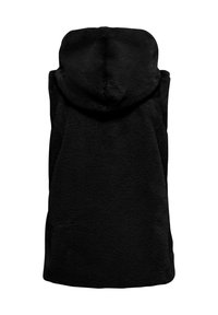 Czarna bezrękawnik polarowy z kapturem, o miękkiej teksturze, bez rękawów oraz prostym, gładkim wykończeniu bez widocznych elementów metalowych czy akcentów.