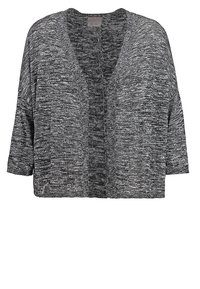 Cárdigan abierto de punto jaspeado en gris y negro, con mangas de tres cuartos y corte relajado.
