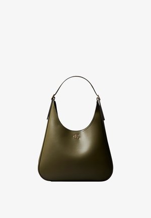 Sac à main en cuir vert olive avec une seule bandoulière et petit logo doré "cK" au centre avant.