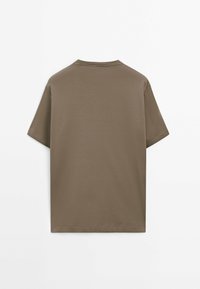 Plain brown short-sleeve crewneck T-shirt shown from the back on a white background.