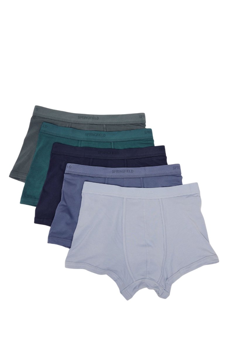 Fem par herrboxershorts i olika nyanser av grått, blått och teal. Tillverkade av mjukt tyg med elastiska midjeband, med en logotyp.