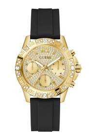 Orologio cronografo dorato con quadrante texturizzato e accenti di strass, dotato di un bracciale in silicone nero. Include tre sotto-quadranti e indici delle ore ben visibili.