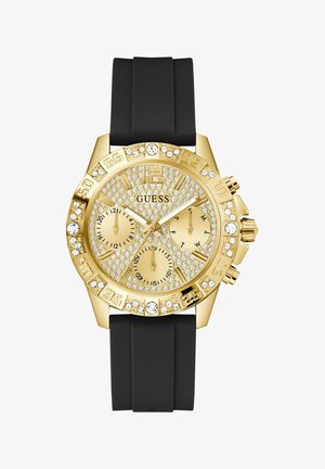 Relógio cronógrafo dourado com um mostrador texturizado e detalhes em strass, apresentando uma pulseira de silicone preta. Inclui três submostradores e marcadores de horas bold.