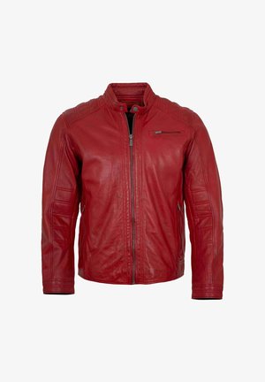 Rote Lederjacke mit Stehkragen, vorderem Reißverschluss und horizontalen Steppnähten an Schultern und Ärmeln. Mit einer Reißverschlusstasche auf der Brust.