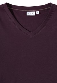 T-shirt a scollo a V di colore viola scuro, realizzato in tessuto morbido. Caratterizzato da un design minimalista con una texture liscia e scollo cucito. Etichetta della taglia: S.