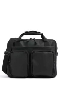 Borsa per laptop nera realizzata in tessuto testurizzato, con due tasche frontali con zip, una maniglia superiore e una tracolla regolabile.