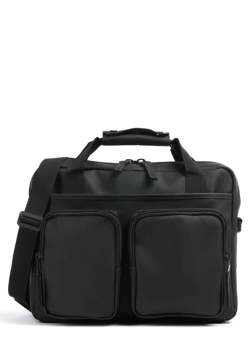 Borsa per laptop nera realizzata in tessuto testurizzato, con due tasche frontali con zip, una maniglia superiore e una tracolla regolabile.