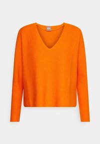 V-Ausschnitt, langärmliger Pullover in strahlendem Orange. Hergestellt aus einem weichen Strickstoff mit lockerer Passform, mit gerippter Textur am Ausschnitt und an den Bündchen.