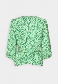 Blouse verte et blanche avec un motif floral, manches trois-quarts, taille cintrée et silhouette à basque. Tissu doux et léger.