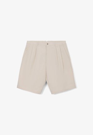 Beige, plissierte Shorts mit Knopfverschluss, seitlichen Taschen, glatter Textur und lockerem Sitz.