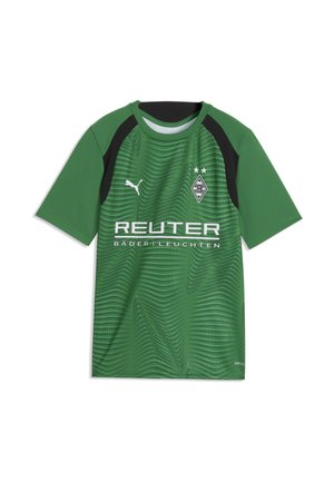 Zielona i czarna sportowa koszulka z krótkim rękawem z logo Puma, emblematem Borussii Mönchengladbach oraz napisem sponsora Reuter z przodu.