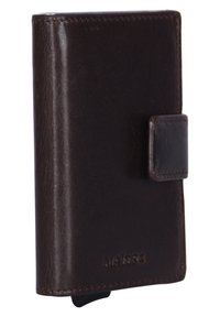 Brown leather wallet with a smooth texture, rectangular shape, rounded corners, and a flap closure. Features embossed brand name.