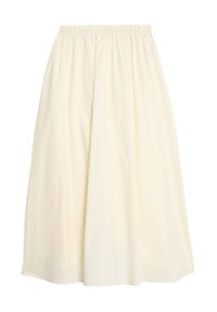 Knee-lång, ljusbeige kjol med resårmidja, som har en lös, flöjtande design och slät textur, tillverkad av mjukt tyg.