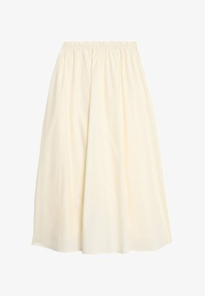 Spódnica do kolan w jasnym beżu, z elastycznym pasem, o luźnym, zwiewnym fasonie i gładkiej strukturze, wykonana z miękkiej tkaniny.